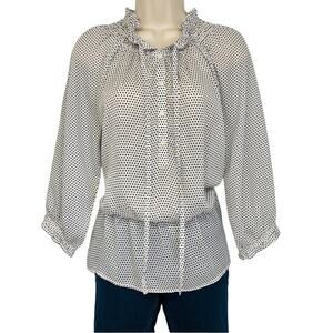 Loft White Black Polka Dot Peplum Blouse Feminine Ruffle Accents Elastic Waist